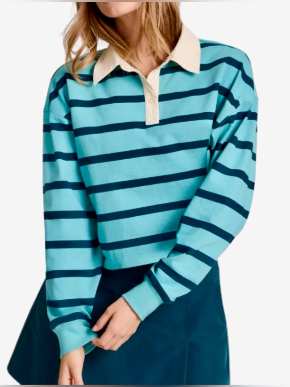 Champion Cropped Rugby Shirt in Teal Blue Stripes